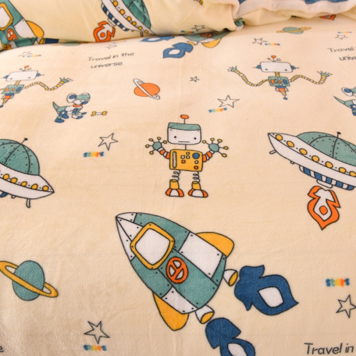 91家纺网 家纺一手货源 找家纺 甜之梦 2025新款多功能泥点绒印花加厚被套毛毯 太空机器人米白