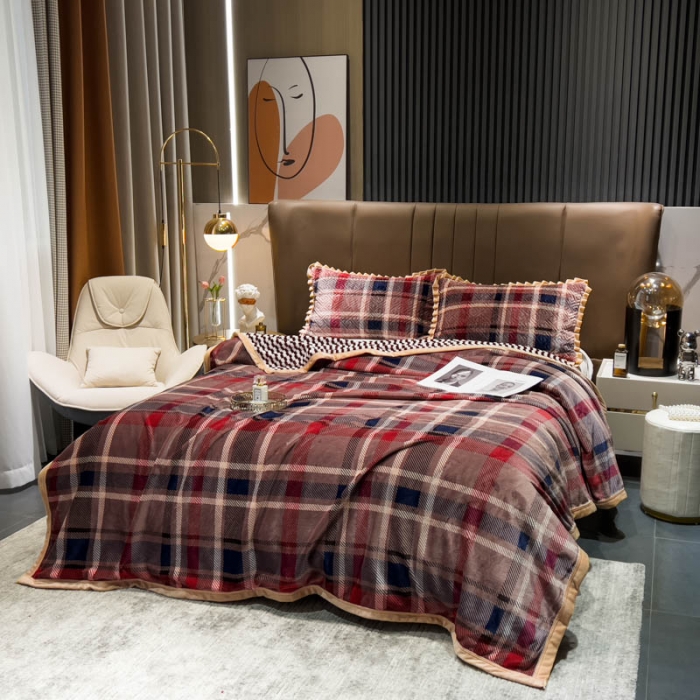 91家纺网 家纺一手货源 找家纺 羋多 2023新款A版牛奶绒+B版阳离子提花双层复合毯 经典红格