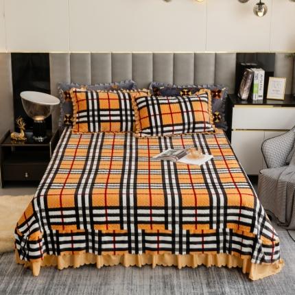 羋多 2023新款轻奢牛奶绒印花夹棉床裙三件套 黄格子