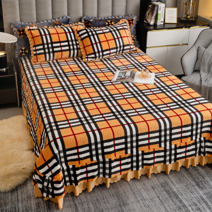 91家纺网 家纺一手货源 找家纺 羋多 2023新款轻奢牛奶绒印花夹棉床裙三件套 黄格子