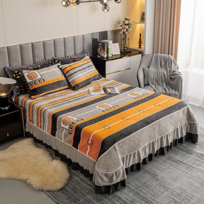 91家纺网 家纺一手货源 找家纺 羋多 2023新款轻奢牛奶绒印花夹棉床裙三件套 潮流元素