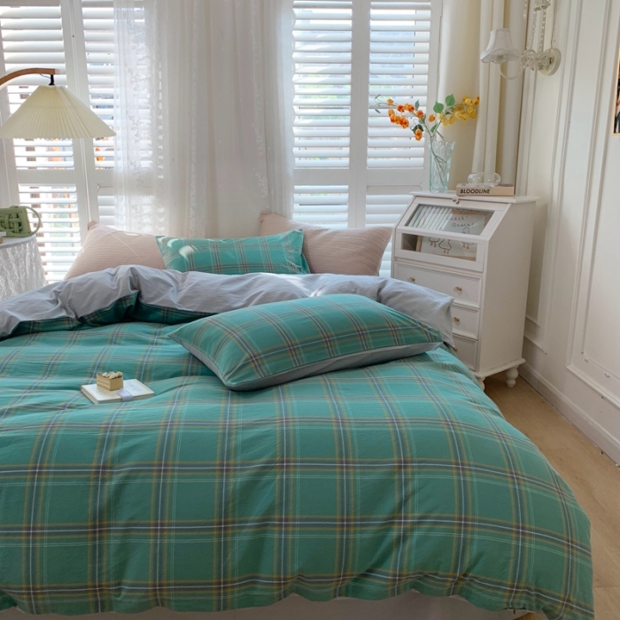 91家纺网 家纺一手货源 找家纺 顾家家居 2023新款全棉A类水洗棉四件套 恩格斯-绿