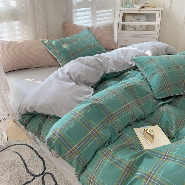 91家纺网 家纺一手货源 找家纺 顾家家居 2023新款全棉A类水洗棉四件套 恩格斯-绿