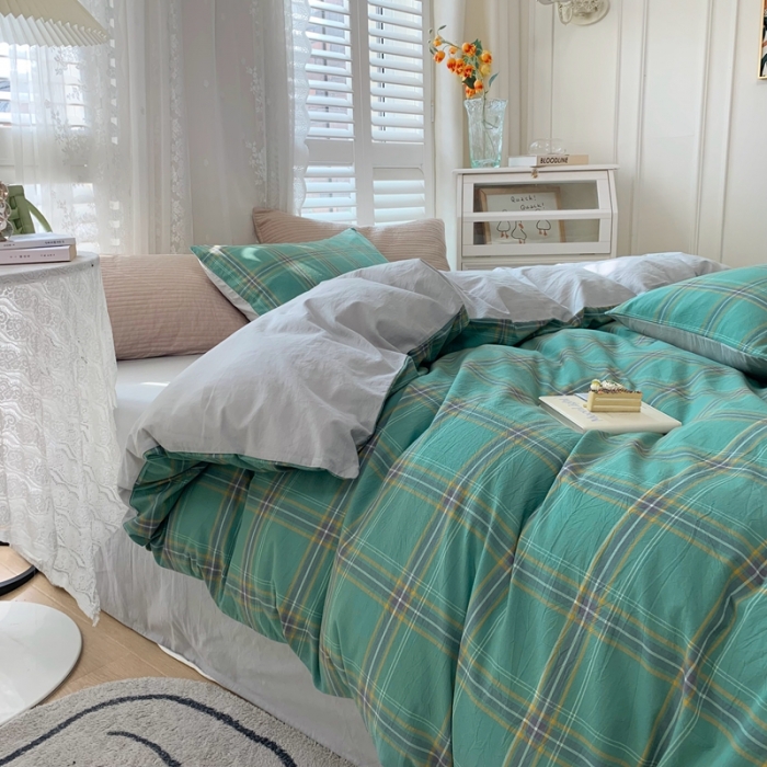 91家纺网 家纺一手货源 找家纺 顾家家居 2023新款全棉A类水洗棉四件套 恩格斯-绿