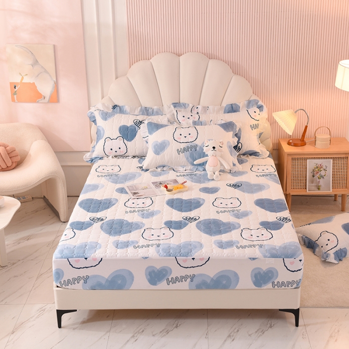 91家纺网 家纺一手货源 找家纺 甜之梦家纺 2025新款全棉夹棉防滑抗菌床笠 爱心熊