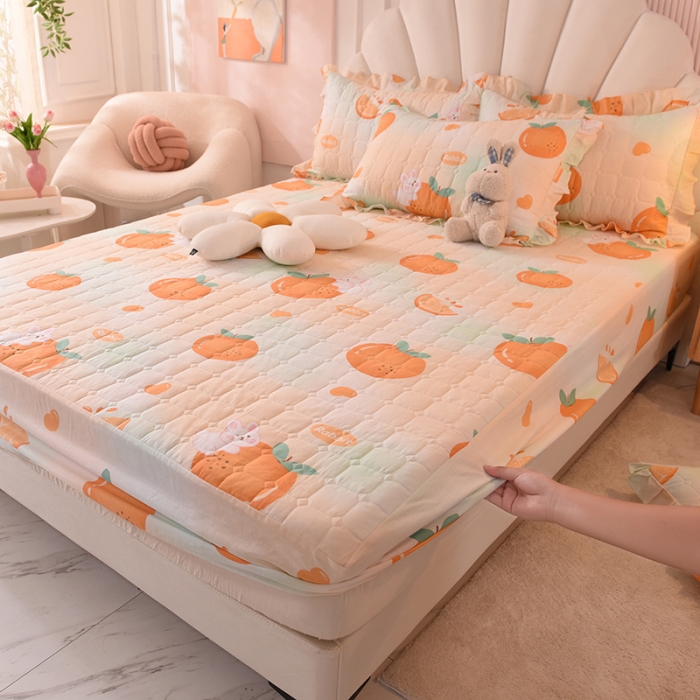 91家纺网 家纺一手货源 找家纺 甜之梦家纺 2025新款全棉夹棉防滑抗菌床笠 甜橙小兔