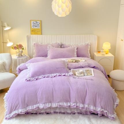 金丝鸟 2022新款200克韩式公主风花边款牛奶绒四件套 梦幻紫