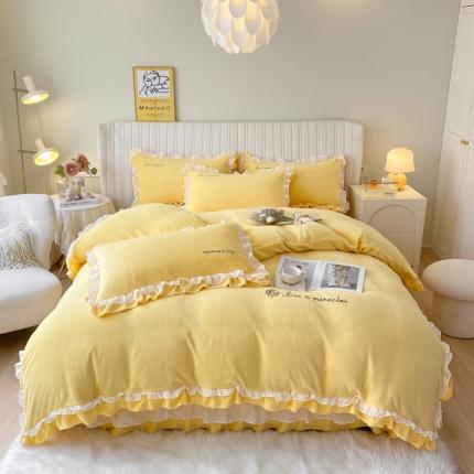 金丝鸟 2022新款200克韩式公主风花边款牛奶绒四件套 奶油黄