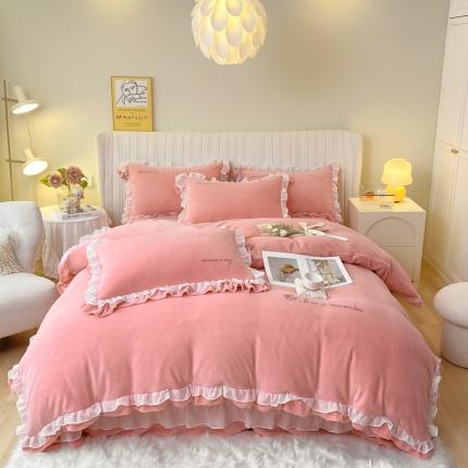 金丝鸟 2022新款200克韩式公主风花边款牛奶绒四件套 仙女粉