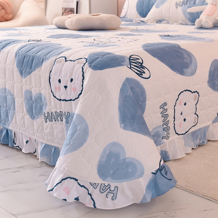 91家纺网 家纺一手货源 找家纺 甜之梦家纺 2025新款全棉夹棉防滑抗菌花边款床盖 爱心熊