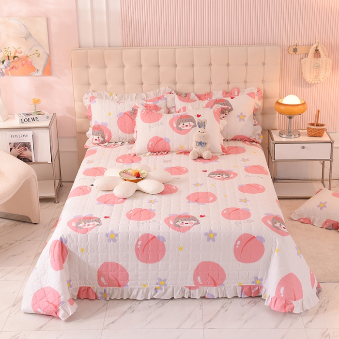 91家纺网 家纺一手货源 找家纺 甜之梦家纺 2025新款全棉夹棉防滑抗菌花边款床盖 初恋蜜桃