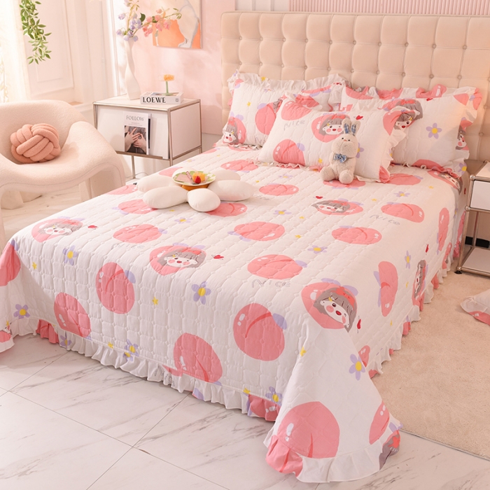 91家纺网 家纺一手货源 找家纺 甜之梦家纺 2025新款全棉夹棉防滑抗菌花边款床盖 初恋蜜桃