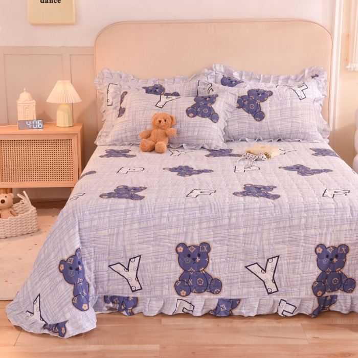 91家纺网 家纺一手货源 找家纺 甜之梦家纺 2025新款全棉夹棉防滑抗菌花边款床盖 快乐维尼