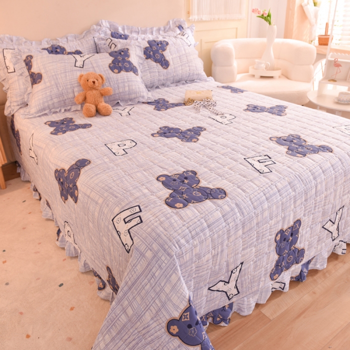 91家纺网 家纺一手货源 找家纺 甜之梦家纺 2025新款全棉夹棉防滑抗菌花边款床盖 快乐维尼