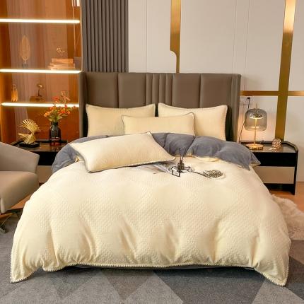 91家纺网 家纺一手货源 找家纺 金丝鸟 2022新款200克华夫格雕花牛奶绒贝壳边四件套 华夫格米白