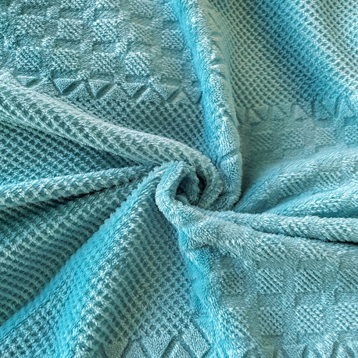 91家纺网 家纺一手货源 找家纺 金丝鸟 2022新款200克华夫格雕花牛奶绒贝壳边四件套 华夫格绿