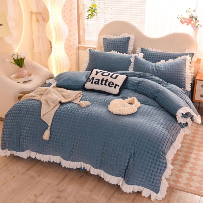 91家纺网 家纺一手货源 找家纺 梦之岛 2022新款韩版牛奶绒水晶绒剪花四件套 千鸟格-高贵蓝