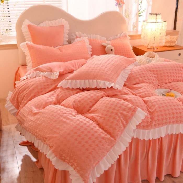 91家纺网 家纺一手货源 找家纺 梦之岛 2022新款韩版牛奶绒水晶绒剪花四件套 千鸟格-香妃橙