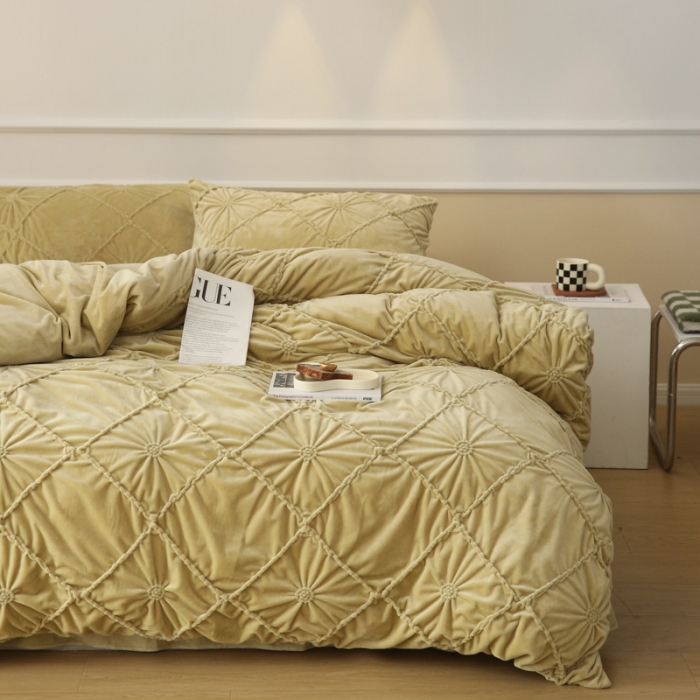 91家纺网 家纺一手货源 找家纺 玛奇朵 2022新款德芙绒立体揪花四件套--罗莎系列 罗莎-豆青色