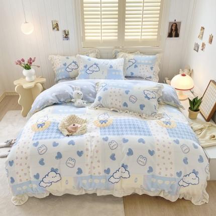 91家纺网 家纺一手货源 找家纺 （总）眠屿 2022新款牛奶绒花边系列床单床裙床笠四件套