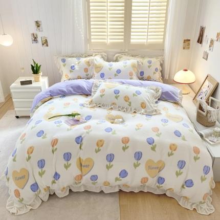 91家纺网 家纺一手货源 找家纺 眠屿 2022新款牛奶绒花边系列床单床裙床笠四件套 花海