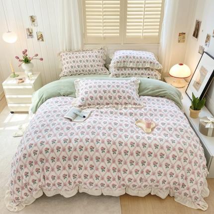 91家纺网 家纺一手货源 找家纺 眠屿 2022新款牛奶绒花边系列床单床裙床笠四件套 恋语