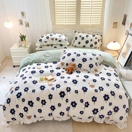 91家纺网 家纺一手货源 找家纺 （总）眠屿 2022新款牛奶绒花边系列床单床裙床笠四件套