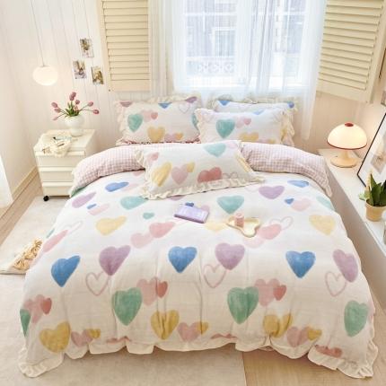 91家纺网 家纺一手货源 找家纺 眠屿 2022新款牛奶绒花边系列床单床裙床笠四件套 心动