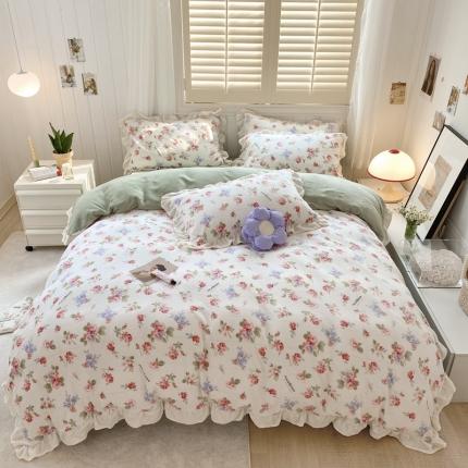 91家纺网 家纺一手货源 找家纺 眠屿 2022新款牛奶绒花边系列床单床裙床笠四件套 幸福花