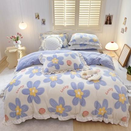 91家纺网 家纺一手货源 找家纺 眠屿 2022新款牛奶绒花边系列床单床裙床笠四件套 幸运兰花