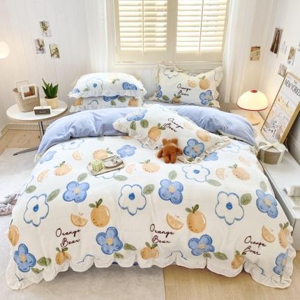 91家纺网 家纺一手货源 找家纺 眠屿 2022新款牛奶绒花边系列床单床裙床笠四件套 柚园