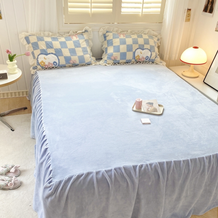 91家纺网 家纺一手货源 找家纺 眠屿 2022新款牛奶绒花边系列床单床裙床笠四件套 安夏