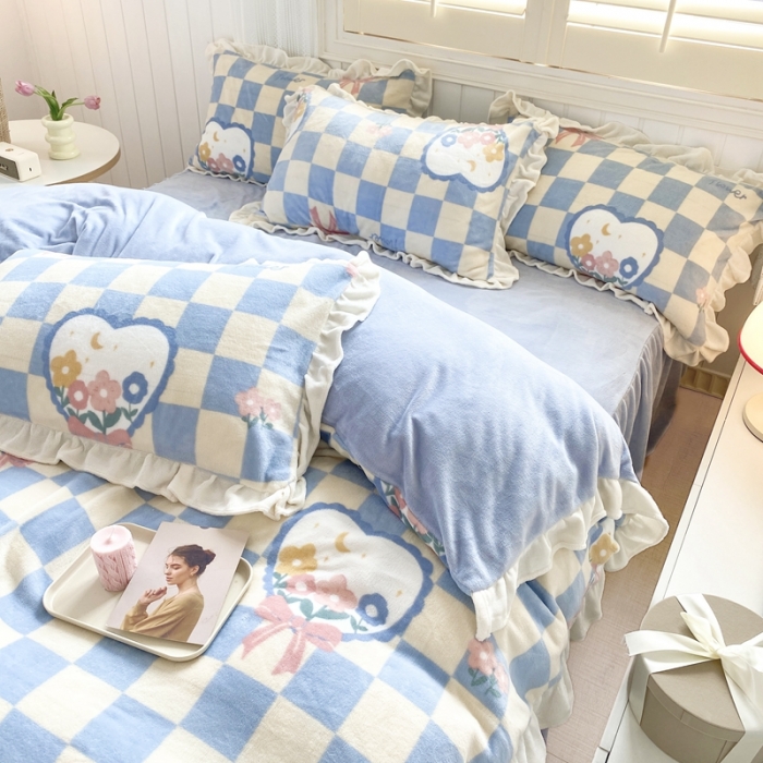 91家纺网 家纺一手货源 找家纺 眠屿 2022新款牛奶绒花边系列床单床裙床笠四件套 安夏