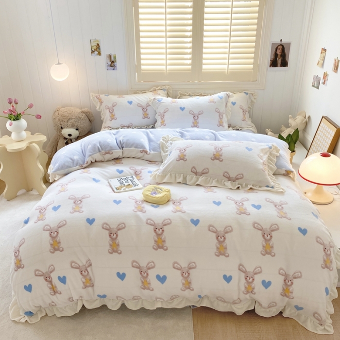 91家纺网 家纺一手货源 找家纺 眠屿 2022新款牛奶绒花边系列床单床裙床笠四件套 波比兔