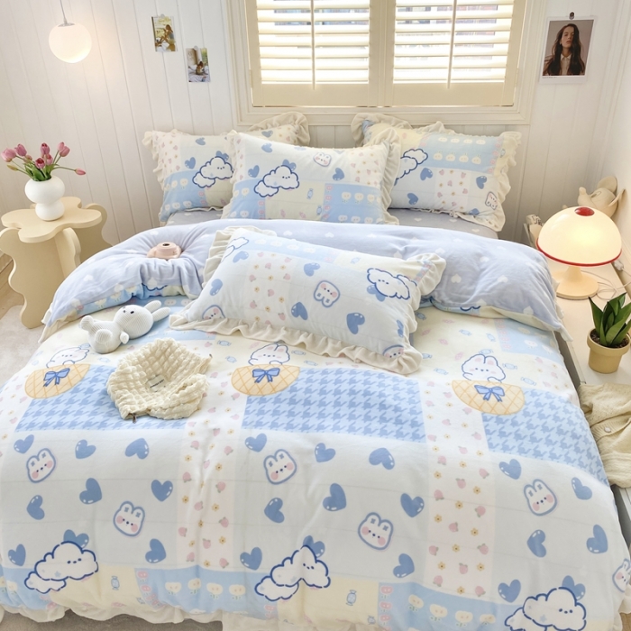 91家纺网 家纺一手货源 找家纺 眠屿 2022新款牛奶绒花边系列床单床裙床笠四件套 草莓小兔