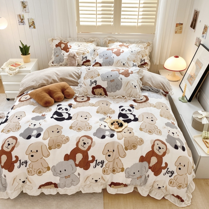 91家纺网 家纺一手货源 找家纺 眠屿 2022新款牛奶绒花边系列床单床裙床笠四件套 动物之家