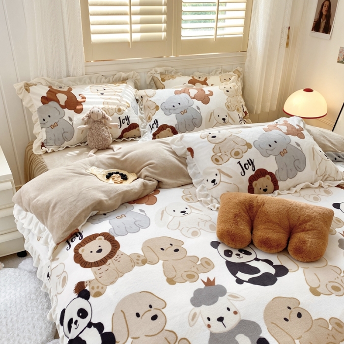 91家纺网 家纺一手货源 找家纺 眠屿 2022新款牛奶绒花边系列床单床裙床笠四件套 动物之家