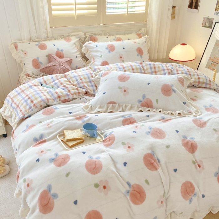 91家纺网 家纺一手货源 找家纺 眠屿 2022新款牛奶绒花边系列床单床裙床笠四件套 粉桃