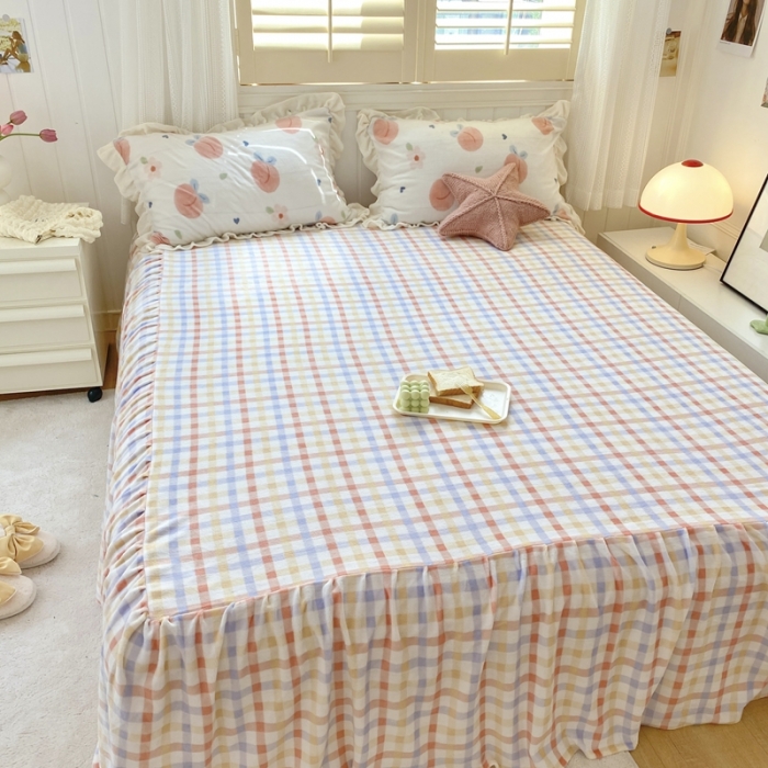 91家纺网 家纺一手货源 找家纺 眠屿 2022新款牛奶绒花边系列床单床裙床笠四件套 粉桃