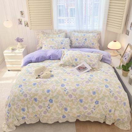 眠屿 2022新款牛奶绒花边系列床单床裙床笠四件套 花间密语