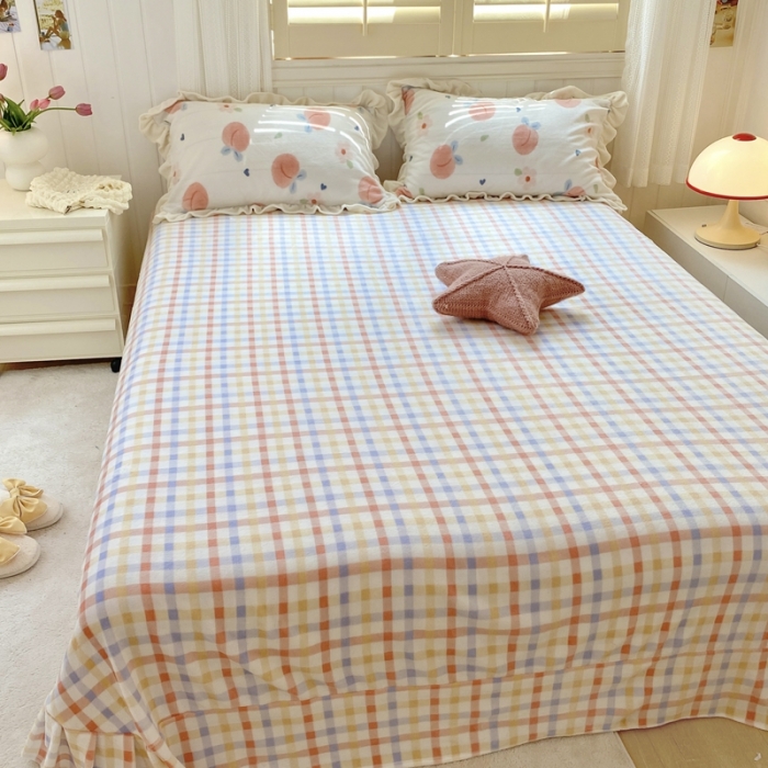 91家纺网 家纺一手货源 找家纺 眠屿 2022新款牛奶绒花边系列床单床裙床笠四件套 粉桃