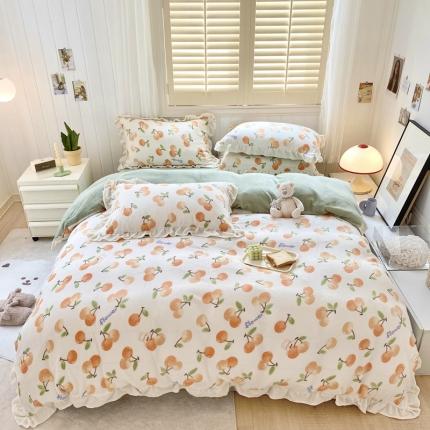 眠屿 2022新款牛奶绒花边系列床单床裙床笠四件套 黄樱桃