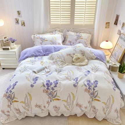 眠屿 2022新款牛奶绒花边系列床单床裙床笠四件套 沁园