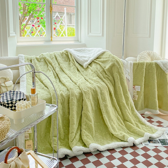 91家纺网 家纺一手货源 找家纺 呗旺鹿2022新A类双面塔芙绒羊羔绒毛毯盖毯子 浅浅花漾-绿