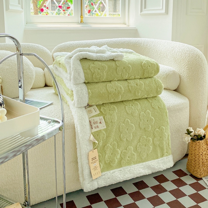 91家纺网 家纺一手货源 找家纺 呗旺鹿2022新A类双面塔芙绒羊羔绒毛毯盖毯子 浅浅花漾-绿