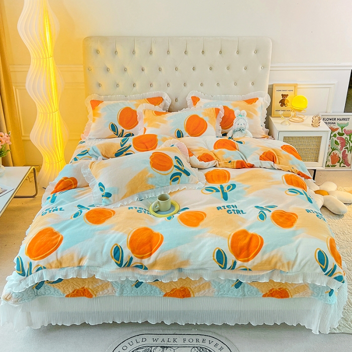 91家纺网 家纺一手货源 找家纺 澳梵  2022新款牛奶绒印花床盖三件套四件套 郁金香