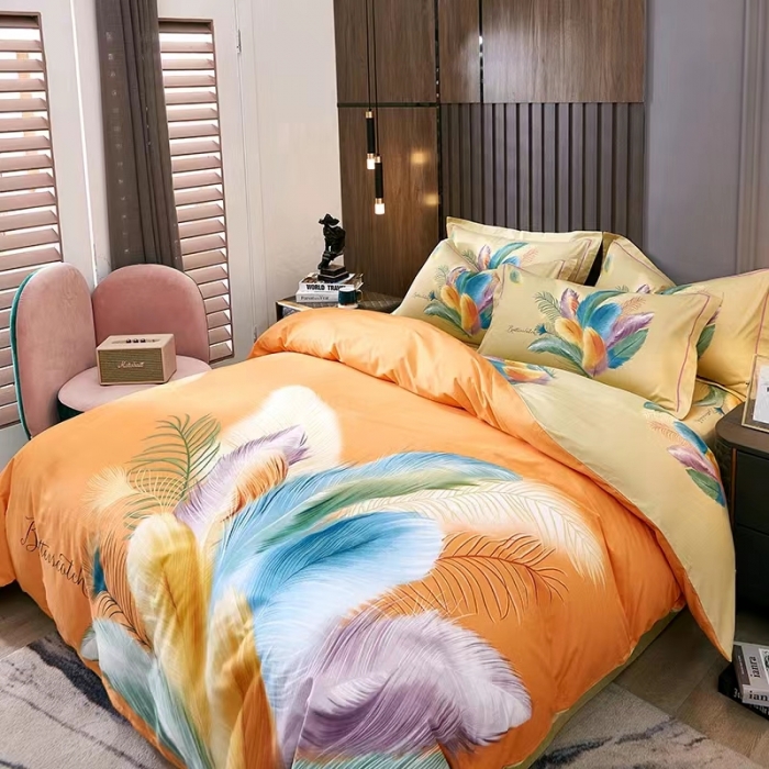 91家纺网 家纺一手货源 找家纺 金纱玉纺2022新款全棉生态大版磨毛四件套 羽翼纷飞-桔