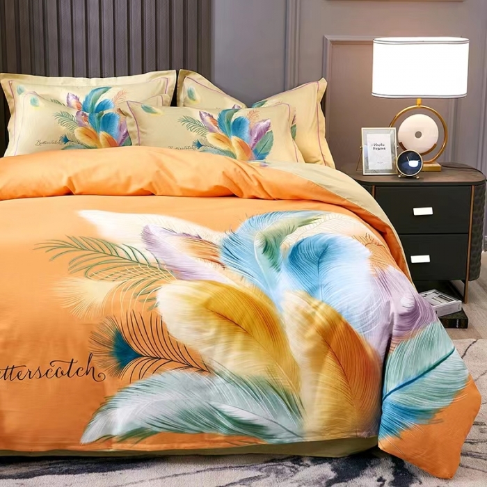 91家纺网 家纺一手货源 找家纺 金纱玉纺2022新款全棉生态大版磨毛四件套 羽翼纷飞-桔