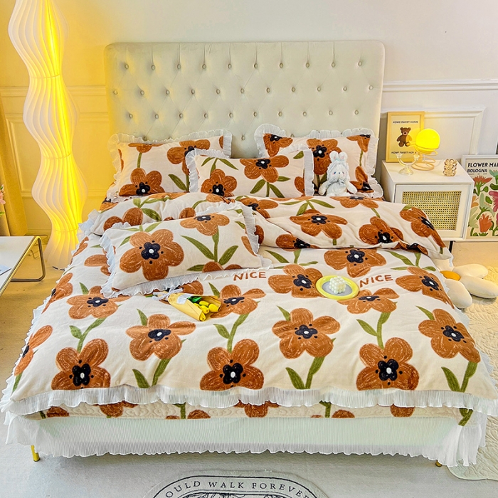 91家纺网 家纺一手货源 找家纺 澳梵  2022新款牛奶绒印花床盖三件套四件套 花心愿