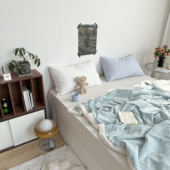 91家纺网 家纺一手货源 找家纺 六巷胡同 2022新款山茶花牛奶绒拼羊羔绒毯 水绿